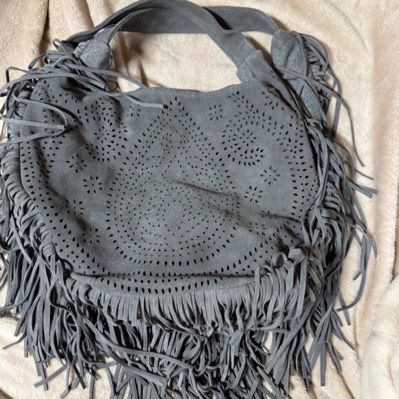 Johnny Was Elodie Suede Felt Laser‎ Cut Fringe Boho Gray Suede Leather Tote NWOT - Picture 3 of 8